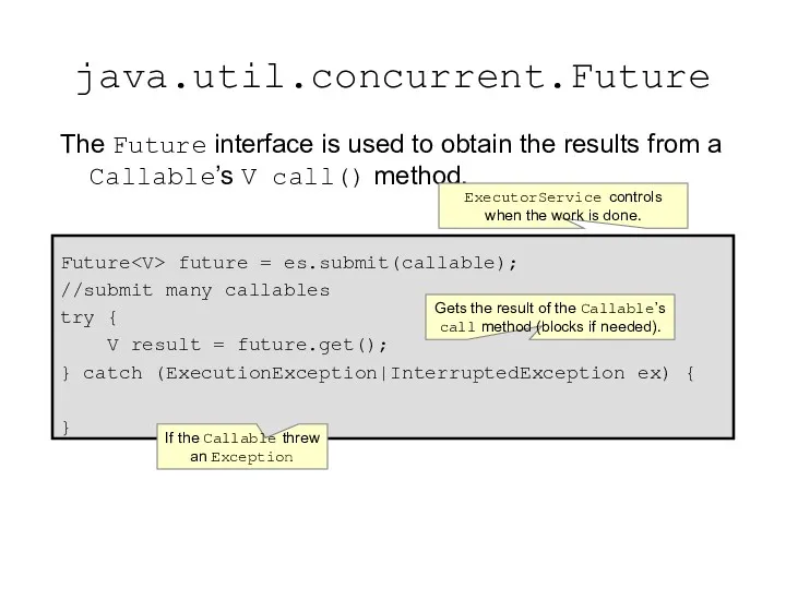 java.util.concurrent.Future The Future interface is used to obtain the results