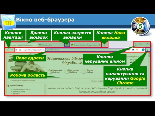 Вікно веб-браузера Розділ 2 § 2.2 Робоча область Ярлики вкладок