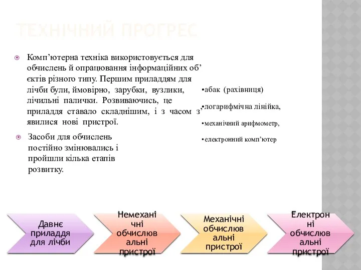 ТЕХНІЧНИЙ ПРОГРЕС Комп’ютерна техніка використовується для обчислень й опрацювання інформаційних