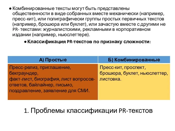 1. Проблемы классификации PR-текстов Комбинированные тексты могут быть представлены общественности