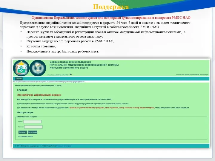 Поддержка Организована Первая линия техподдержки для поддержки функционирования и внедрения