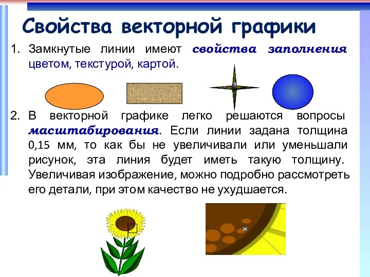 Свойства векторной графики Замкнутые линии имеют свойства заполнения цветом, текстурой,
