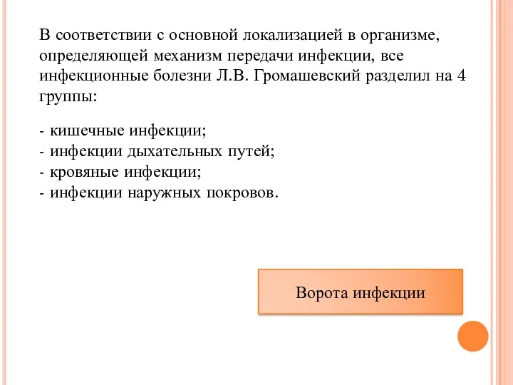 В соответствии с основной локализацией в организме, определяющей механизм передачи