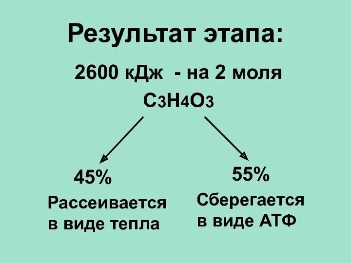 Результат этапа: 2600 кДж - на 2 моля С3Н4О3 45%