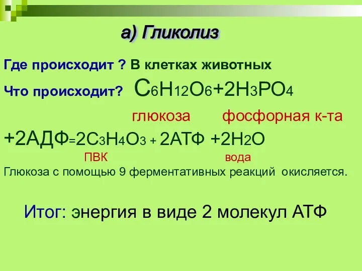 Где происходит ? В клетках животных Что происходит? С6Н12О6+2Н3РО4 глюкоза