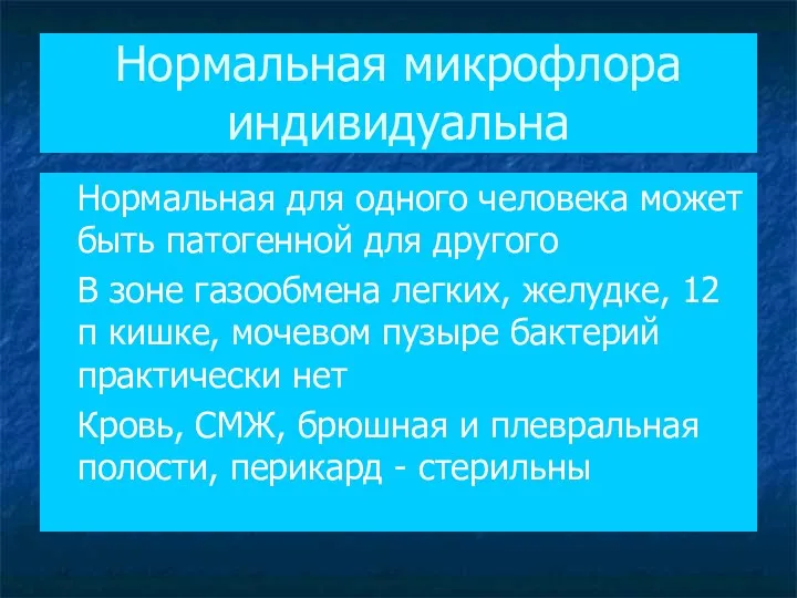 Нормальная микрофлора индивидуальна Нормальная для одного человека может быть патогенной