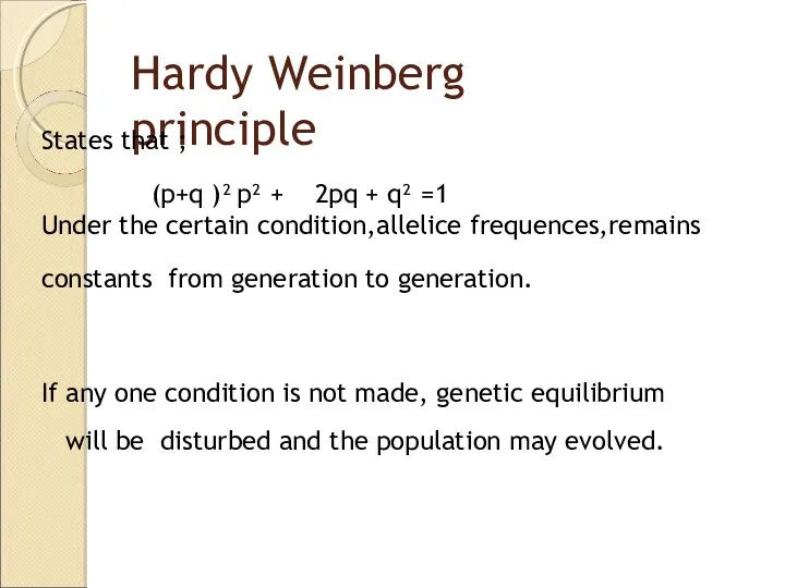 Hardy Weinberg principle States that ; (p+q )² p² + 2pq + q²