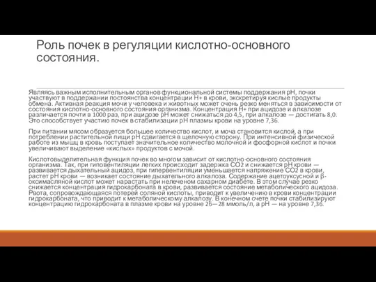 Роль почек в регуляции кислотно-основного состояния. Являясь важным исполнительным органов