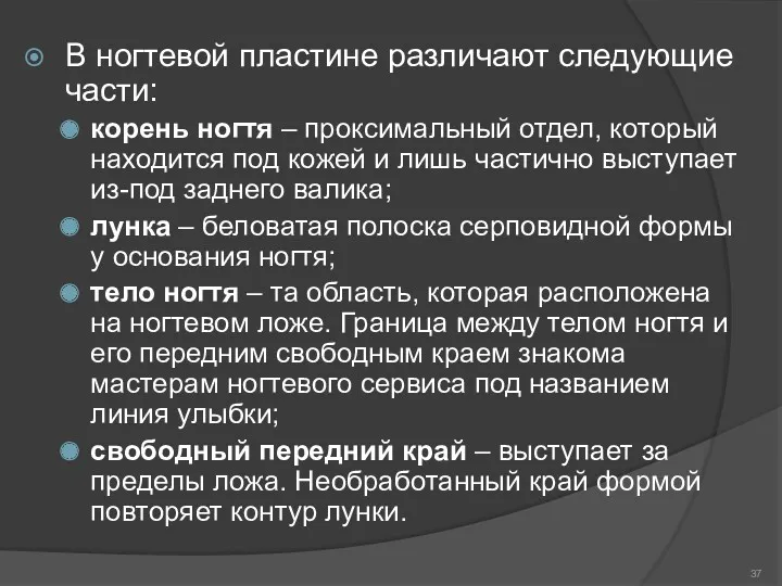 В ногтевой пластине различают следующие части: корень ногтя – проксимальный