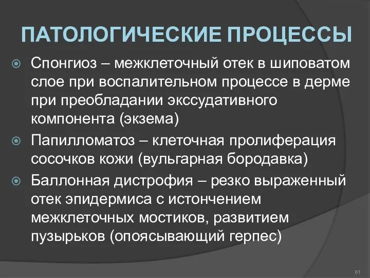 ПАТОЛОГИЧЕСКИЕ ПРОЦЕССЫ Спонгиоз – межклеточный отек в шиповатом слое при