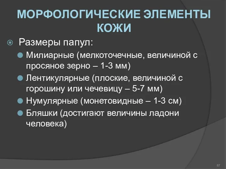 МОРФОЛОГИЧЕСКИЕ ЭЛЕМЕНТЫ КОЖИ Размеры папул: Милиарные (мелкоточечные, величиной с просяное