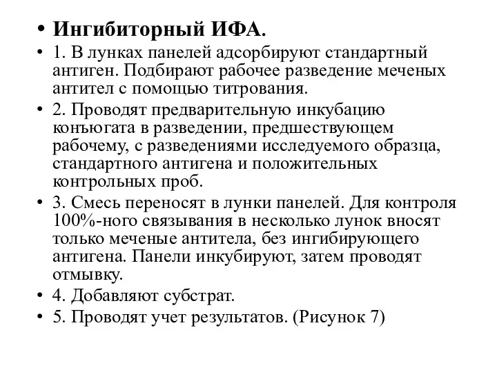 Ингибиторный ИФА. 1. В лунках панелей адсорбируют стандартный антиген. Подбирают