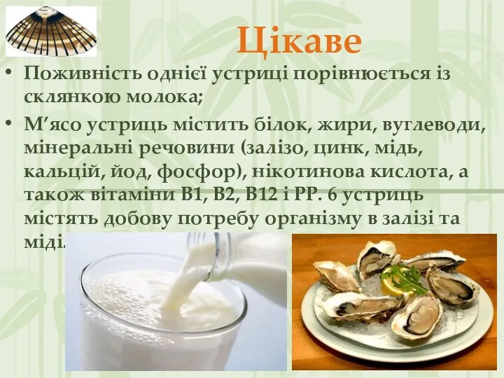 Цікаве Поживність однієї устриці порівнюється із склянкою молока; М’ясо устриць