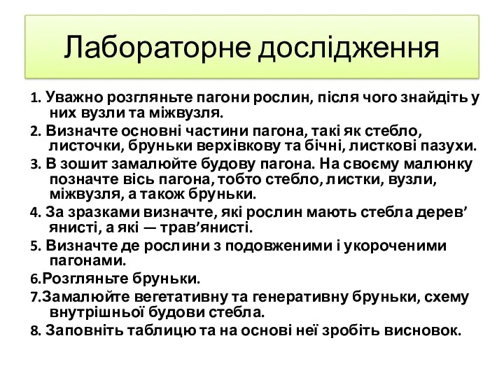 Лабораторне дослідження 1. Уважно розгляньте пагони рослин, після чого знайдіть