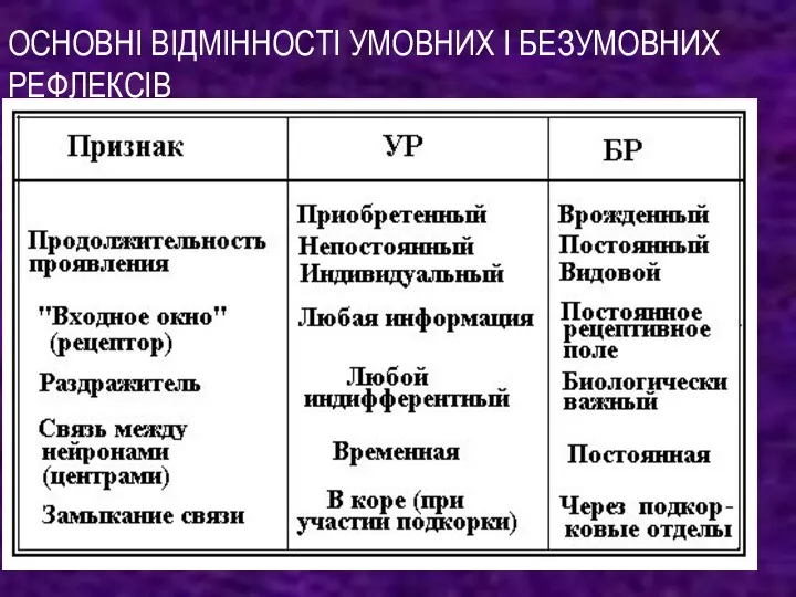 ОСНОВНІ ВІДМІННОСТІ УМОВНИХ І БЕЗУМОВНИХ РЕФЛЕКСІВ