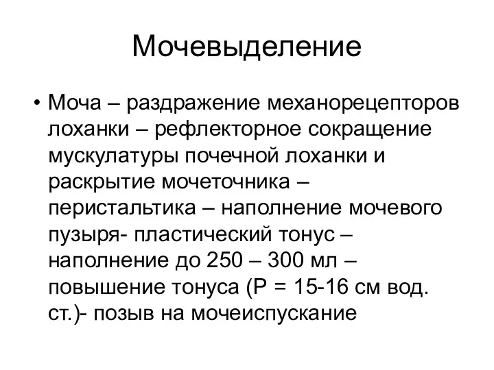 Мочевыделение Моча – раздражение механорецепторов лоханки – рефлекторное сокращение мускулатуры