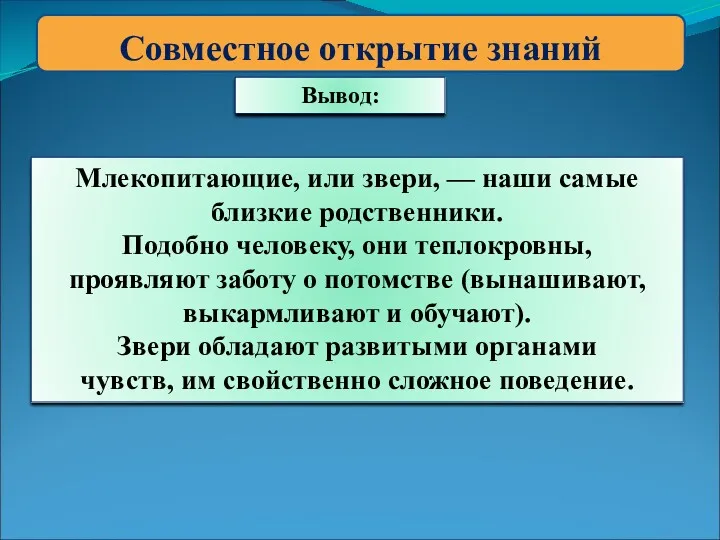 Совместное открытие знаний Вывод: Млекопитающие, или звери, — наши самые