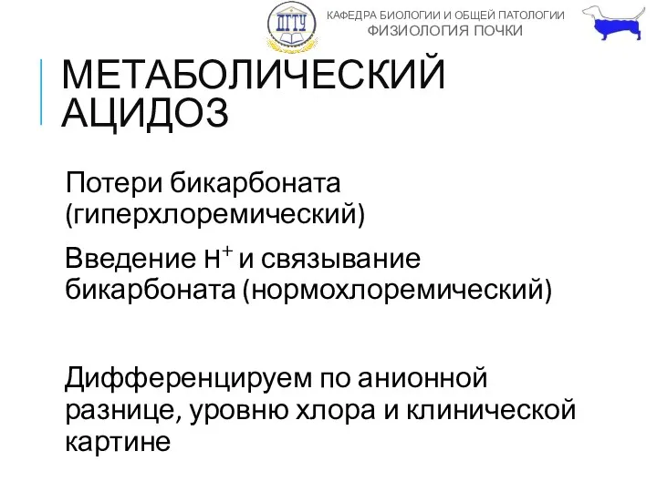 МЕТАБОЛИЧЕСКИЙ АЦИДОЗ Потери бикарбоната (гиперхлоремический) Введение H+ и связывание бикарбоната