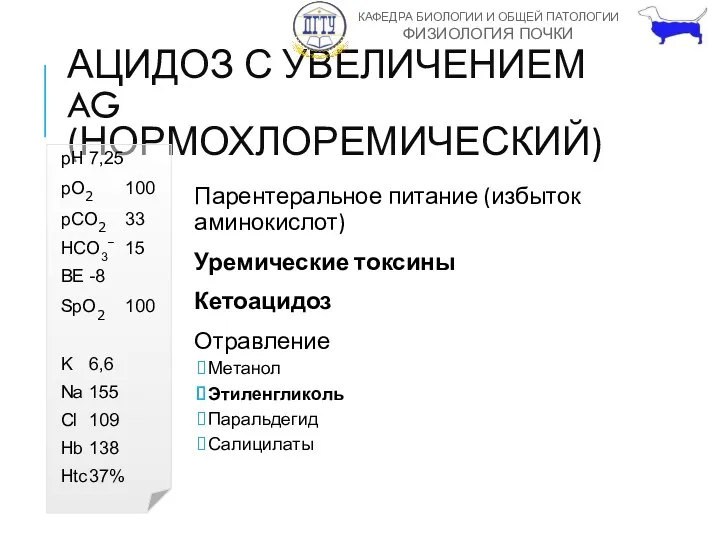 АЦИДОЗ С УВЕЛИЧЕНИЕМ AG (НОРМОХЛОРЕМИЧЕСКИЙ) Парентеральное питание (избыток аминокислот) Уремические токсины Кетоацидоз Отравление