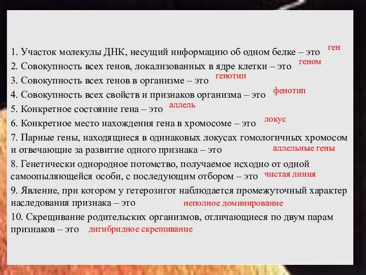 1. Участок молекулы ДНК, несущий информацию об одном белке –