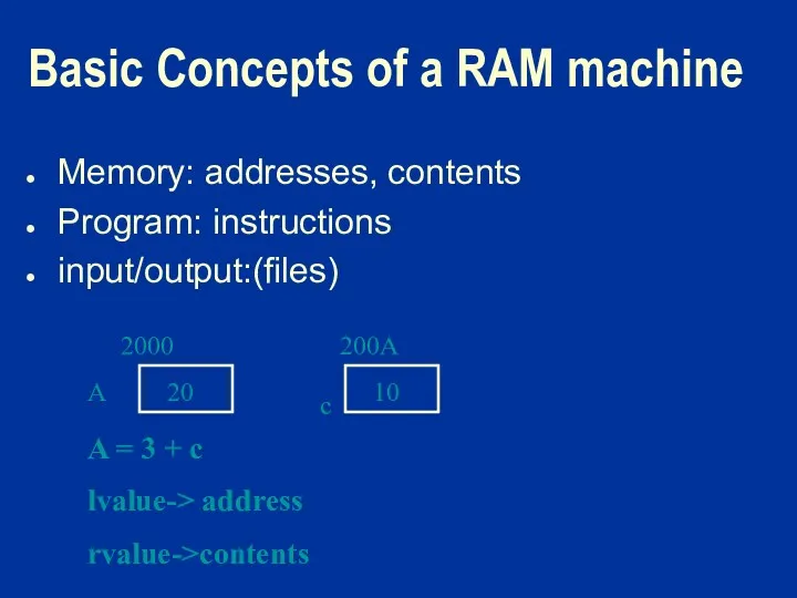 Basic Concepts of a RAM machine Memory: addresses, contents Program: