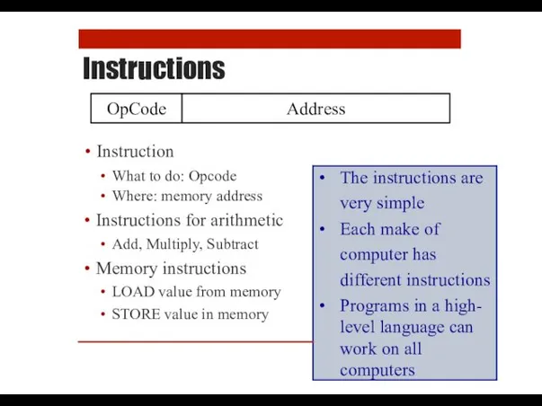 Instructions Instruction OpCode Address