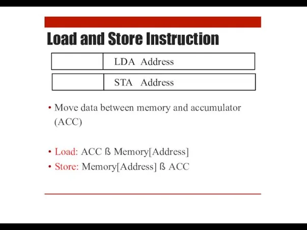 Load and Store Instruction LDA Address STA Address Move data