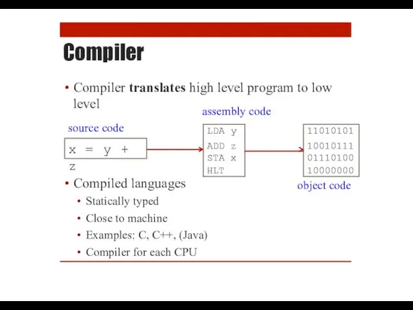 Compiler Compiler translates high level program to low Compiled languages
