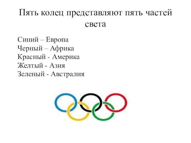 Пять колец представляют пять частей света Синий – Европа Черный