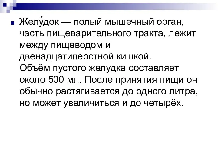 Желу́док — полый мышечный орган, часть пищеварительного тракта, лежит между