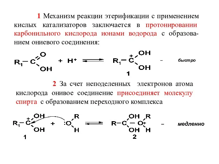 1 Механизм реакции этерификации с применением кислых катализаторов заключается в протонировании карбонильного кислорода