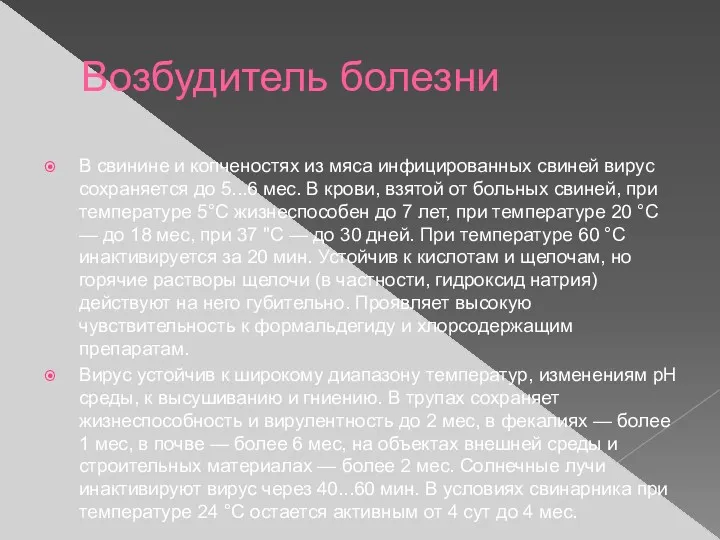 Возбудитель болезни В свинине и копченостях из мяса инфицированных свиней