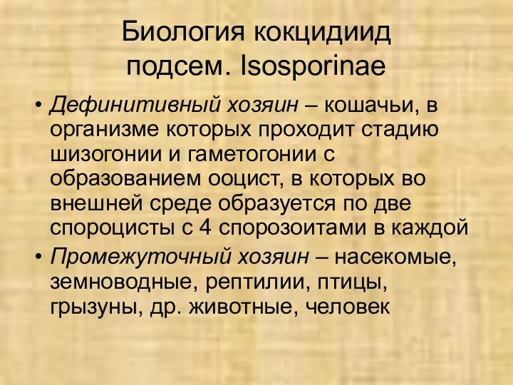 Биология кокцидиид подсем. Isosporinae Дефинитивный хозяин – кошачьи, в организме