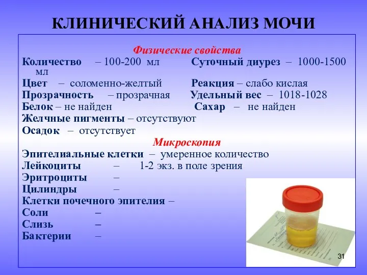 КЛИНИЧЕСКИЙ АНАЛИЗ МОЧИ Физические свойства Количество – 100-200 мл Суточный диурез – 1000-1500