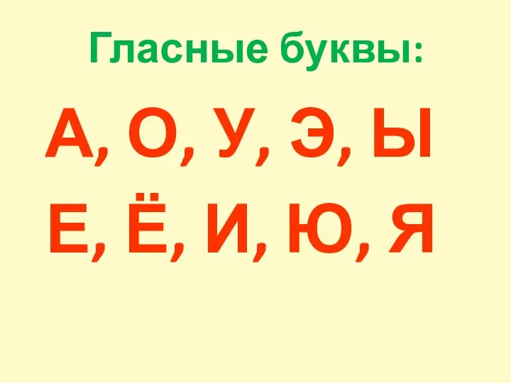 Гласные буквы: А, О, У, Э, Ы Е, Ё, И, Ю, Я