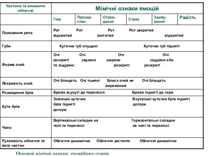 Основні мімічні ознаки емоційних станів