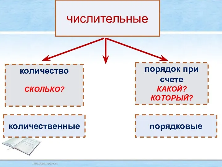 числительные количество СКОЛЬКО? порядок при счете КАКОЙ? КОТОРЫЙ? количественные порядковые