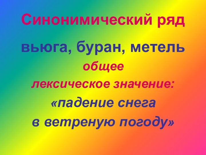 Синонимический ряд вьюга, буран, метель общее лексическое значение: «падение снега в ветреную погоду»