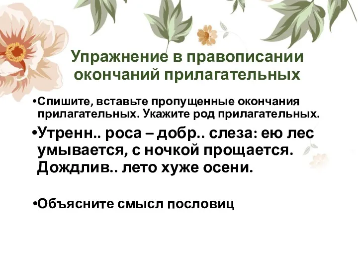 Упражнение в правописании окончаний прилагательных Спишите, вставьте пропущенные окончания прилагательных.