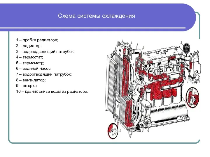 Схема системы охлаждения 1 – пробка радиатора; 2 – радиатор;