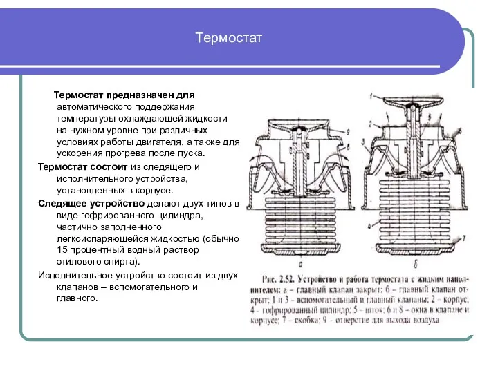 Термостат Термостат предназначен для автоматического поддержания температуры охлаждающей жидкости на