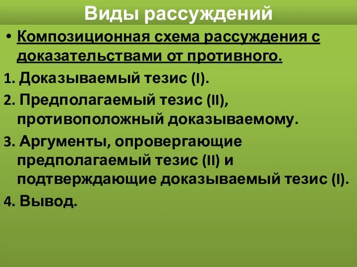 Виды рассуждений Композиционная схема рассуждения с доказательствами от противного. 1.