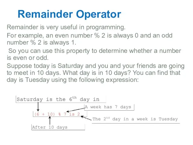 Remainder Operator Remainder is very useful in programming. For example,