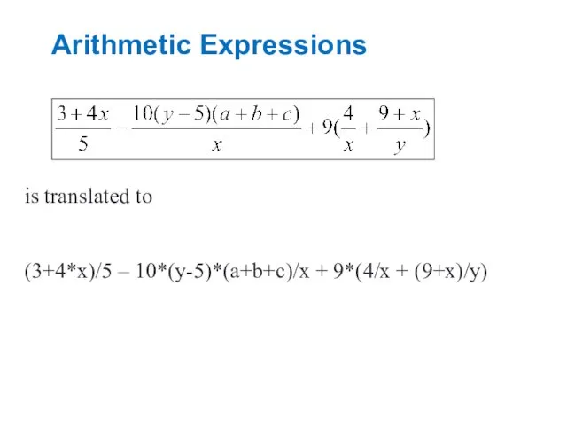 Arithmetic Expressions is translated to (3+4*x)/5 – 10*(y-5)*(a+b+c)/x + 9*(4/x + (9+x)/y)