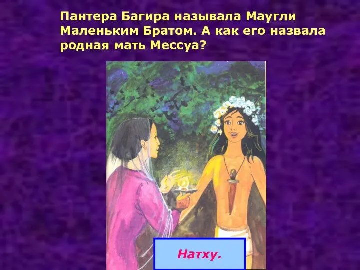 Пантера Багира называла Маугли Маленьким Братом. А как его назвала родная мать Мессуа? Натху.