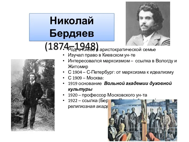 Николай Бердяев (1874–1948) Род. в Киеве в аристократической семье Изучал