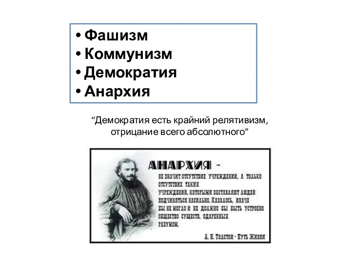 Фашизм Коммунизм Демократия Анархия “Демократия есть крайний релятивизм, отрицание всего абсолютного”