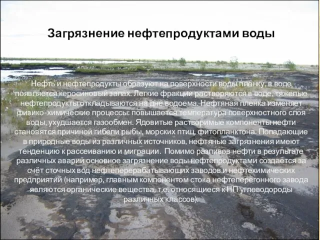 Загрязнение нефтепродуктами воды Нефть и нефтепродукты образуют на поверхности воды