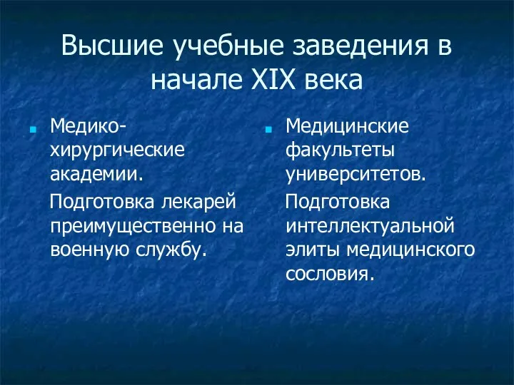 Высшие учебные заведения в начале XIX века Медико-хирургические академии. Подготовка