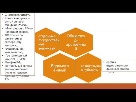хозяйствующие субъекты от­дельные государственные ведомства Счётная палата РФ, Контрольно-ревизи­онный аппарат